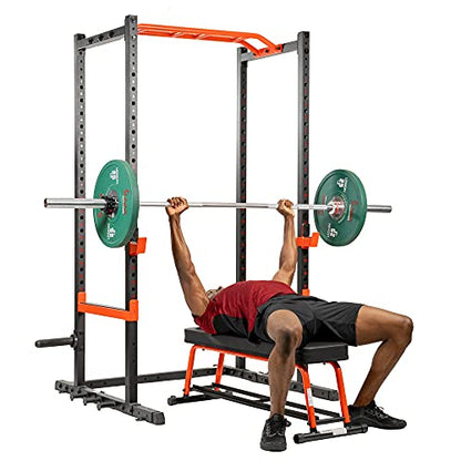 Sunny Health & Fitness Power Zone Strength Rack Power Cage - 1000 LB Weight Capacity, Spotter Bar, Angled Pull-Up Bar, J-Hooks, Resistance Band Pins, Optional LAT Pull Down