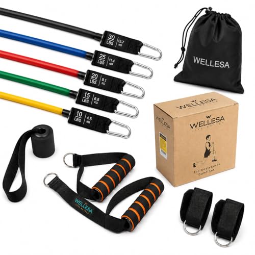 Wellesa 11Pc Resistance Bands Set for Exercise, Stretching and Workout Toning Tube Kit with Foam Handles, Door Anchor, Ankle Strap and Long Carry Bag for Men, Women
