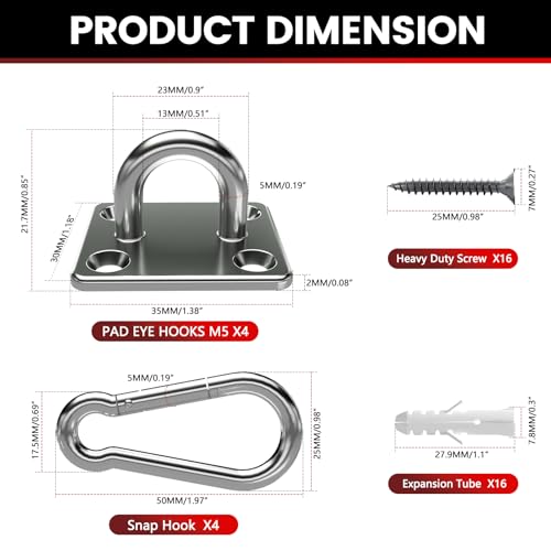 sprookber 304 Stainless Steel Pad Eye Snap Hook, M5 Ceiling Hook 500Lb,8Pcs - size: 2 Inch, style: Square