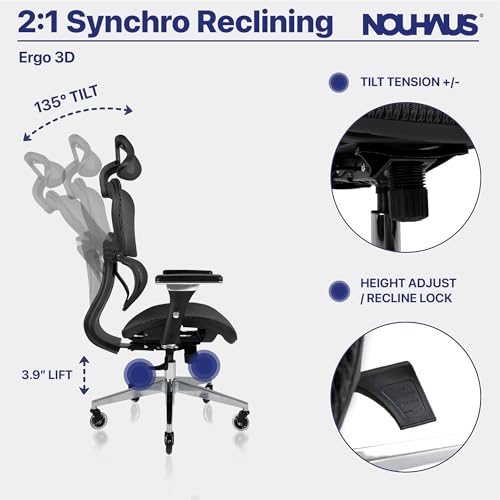 Nouhaus Ergo3D Ergonomic Office Chair Lumbar Support Mesh Office Chair with 4D Adjustable Armrest, Adjustable Headrest and Wheels, Mesh High Back Home Office Desk Chairs(Black) - color: Black