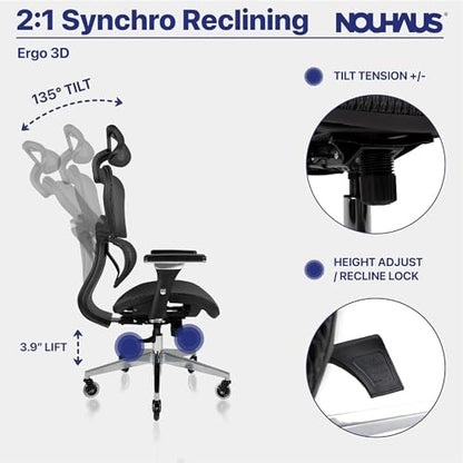 Nouhaus Ergo3D Ergonomic Office Chair Lumbar Support Mesh Office Chair with 4D Adjustable Armrest, Adjustable Headrest and Wheels, Mesh High Back Home Office Desk Chairs(Black) - color: Black