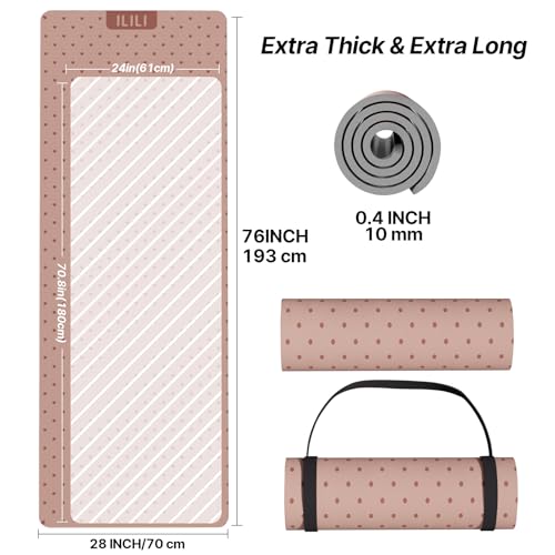 ILILI Yoga Mat 10mm Thick, Suede&TPE Exercise Mat, 76"L*28"W Extra Long, 0.4 Inches Soft and Comfortable, 193*70cm Fitness Mat with Strap, Portable for Yoga, Pilates, Floor Exercise, Home and Outdoor Use, Eco Friendly