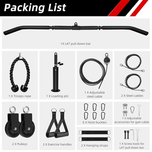 LFJ LAT Pull Down and Lift Weight Pulley System Cable Machine Pulley Attachment for Triceps Pull Down, Biceps Curl, Back, Forearm, Shoulder Home Gym Equipment - style: Set with Adjustable Bar