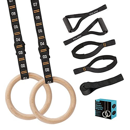 Wooden Gymnastic Rings with Adjustable Numbered Straps. 1.1'' Olympic Rings for Core Workout and Bodyweight Training. Home Gym Rings 1600lbs with Workout Handles
