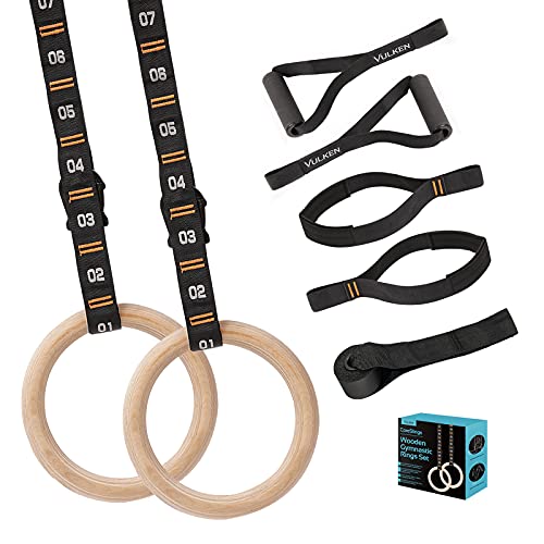 Wooden Gymnastic Rings with Adjustable Numbered Straps. 1.1'' Olympic Rings for Core Workout and Bodyweight Training. Home Gym Rings 1600lbs with Workout Handles