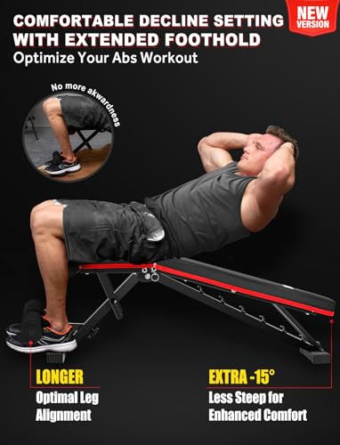 LINODI Adjustable Weight Bench for Home Gym，Foldable Incline Decline Flat Workout Bench for Full Body Strength Training, Dumbbell Press & Ab Exercises