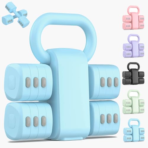 2-in-1 Adjustable Dumbbell Set, Upgraded 4 Levels Hand Weights for Women Men, Each 2.2/3.3/4.4/5.5lb, Convertible Weights Dumbbells and Kettlebell Set for Home Gym Exercise & Fitness - color: Blue