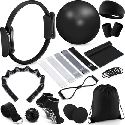 18 Pcs Home Pilates Ball and Ring Circle Set Yoga Fitness Essentials Kit with 5 Resistance Band Stretching Strap Non Slip Sock Ball Core Slider Wristband Headband Gym Bag for Women