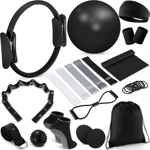 18 Pcs Home Pilates Ball and Ring Circle Set Yoga Fitness Essentials Kit with 5 Resistance Band Stretching Strap Non Slip Sock Ball Core Slider Wristband Headband Gym Bag for Women