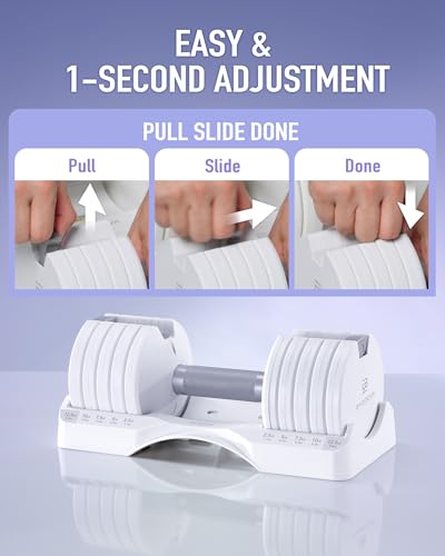 BYZOOM FITNESS Pure Series Adjustable Dumbbell - 12.5/25/27.5/50/55/75lb - ONE UNIT OR PAIR(check QTY before purchase) - 5-in-1/ 10-in-1 / 15-in-1 / 21-in-1 Flexible Hand Weights for Home Apartment Garage Gym, Strength Training & Fitness Workouts, White O