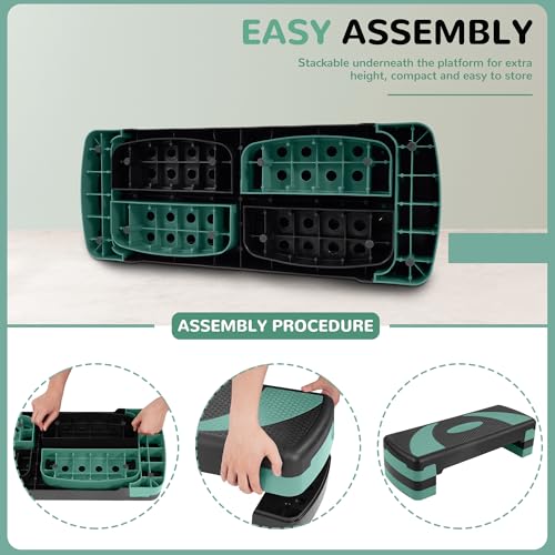 Fitvids Step Aerobic Platform, Exercise Step with levels Adjustable Height, Stackable Risers, Fitness Training Workout Stepper for Home Gym, Cardio Strength - color: Green Jasper