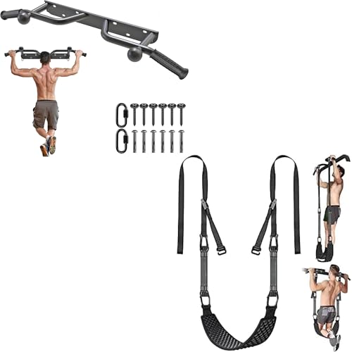 Kipika Wall Mounted Pull Up Bar & Pull Up Bands with Dip Belt - Heavy Duty Steel, Adjustable Resistance, Full Body Workout for Home Gym