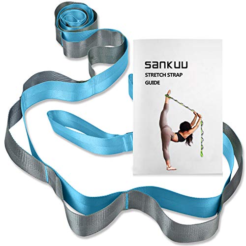 Yoga Straps Stretching Strap with 12 Loops Workout Poster, Straps for Stretching Physical Therapy Equipment Long Stretch Out Bands for Exercise, Pilates and Gymnastics for Women Men - color: Blue+Grey