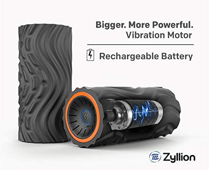 Zyllion Rechargeable Vibrating Foam Roller with 3 High-Density Textured Surfaces and 4 Speeds for Exercise, Massage, Muscle Recovery, Trigger Point Myofascial Release - Black/Orange (ZMA-22-BKOR)