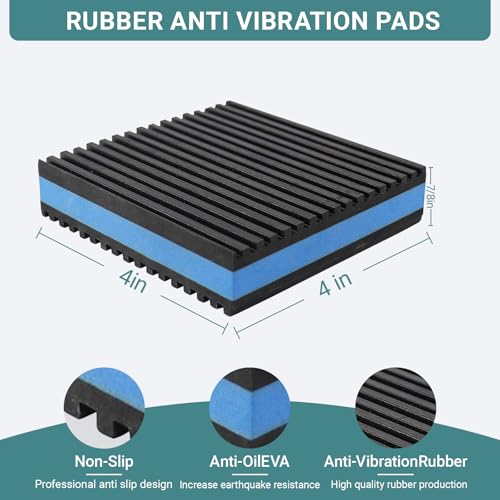 8 Pack Heavy Duty Anti Vibration Pads 4" x 4" x 7/8" – Ribbed Rubber Mats with EVA Sandwich Design, Non-Slip Rubber Isolation Mats for Air Compressor, Treadmill, Washer, Dryer, HVAC, and More