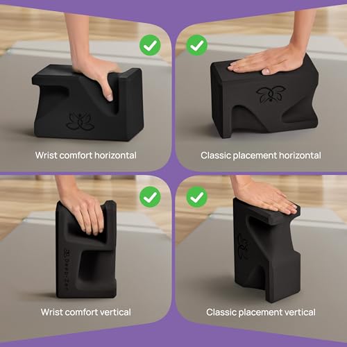 PRO Yoga Blocks | Ergonomic Yoga Block 2 Pack for Wrist Comfort and Support | EVA Foam Exercise Blocks, 2x Knee Pads & Yoga Strap | Pilates Block Set | Bricks to Eliminate Wrist Pain - color: Black