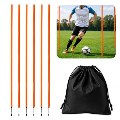 6 Pcs Soccer Agility Poles for Training, 5 FT Adjustable Speed and Agility Training Equipment for Football/Basketball/Horse/Dog Practice, Soccer Sticks with Steel Ground Nails Outdoors