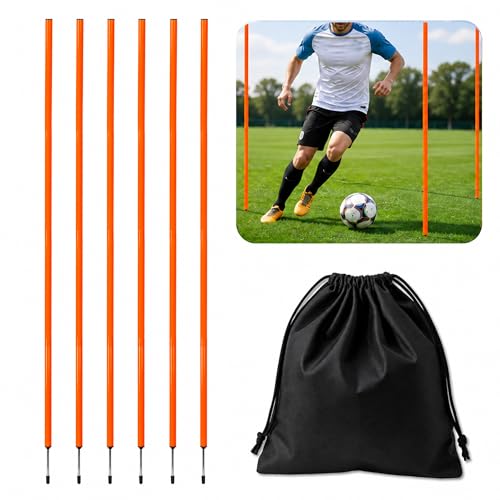 6 Pcs Soccer Agility Poles for Training, 5 FT Adjustable Speed and Agility Training Equipment for Football/Basketball/Horse/Dog Practice, Soccer Sticks with Steel Ground Nails Outdoors