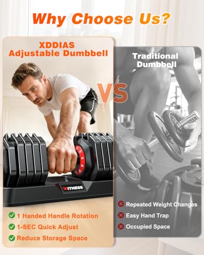 XDDIAS Adjustable Dumbbells Set of 2 for Strength Training, One-Hand Quick Adjust, 25/55/80/90 lbs Options, Anti-Slip Grip Handle, Compact Home Gym Weights for Men Women
