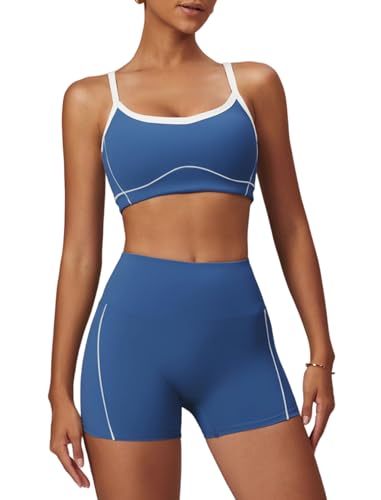 Two Piece Women Workout Sets Color Block Sports Bra and Scrunch Butt Lifting Shorts Gym Yoga Active Wear Outfits