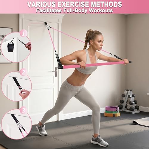 Portable Pilates Bar Kit with Resistance Bands for Men and Women - 3 Set Exercise Resistance Bands - Multifunctional Home Gym - Supports Full-Body Workouts – with Fitness Poster and Video