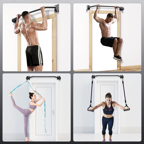 SELEWARE Heavy Duty Wall Mounted Pull Up Bar with Resistance Band Hooks and Ball Finger Training for Doorway, Joist or Beam - Fully Welded Steel Supports 600 lbs