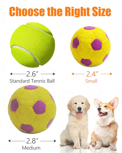 Squeaky Dog Balls, Interactive Funny Puppy Chew Toys for Fetch Play to Keep Them Busy, Latex Rubber Pet Tennis Soccer Ball Toy Bundle (4 Pack) for Puppies Small Breed Dogs - size: Small 2.4”, style: 4 Pack