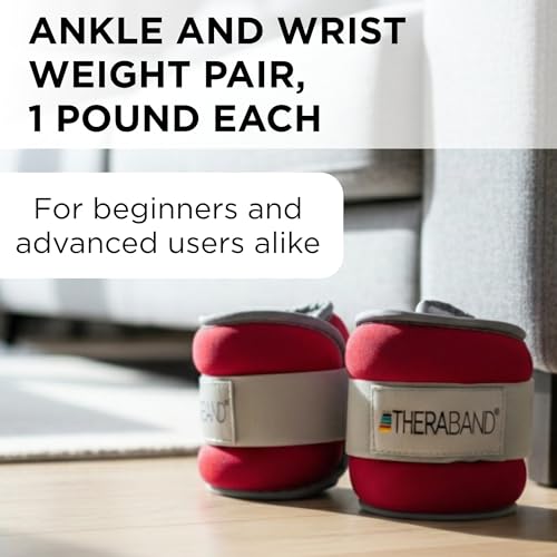 THERABAND Ankle Weights, Comfort Fit Wrist & Ankle Cuff Weight Set, Adjustable Walking Weights for Cardio, Home Workout, Ankle Strengthening & Physical Therapy, Red, 1 lb. Each, Set of 2, 2 Pounds