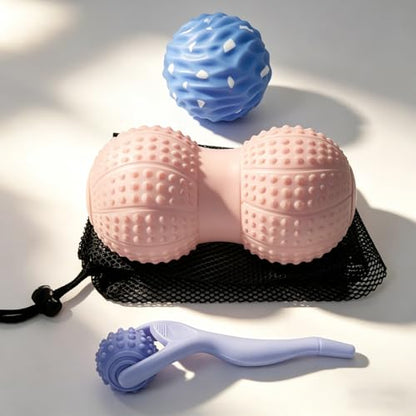 3 in 1 Silicone Massage Ball Set Peanut Ball for Neck and 3.35" Spine Fascia Ball for Foot and Glute Handle Ball for Back Myofascial Release Kit for Plantar Fasciitis Deep Tissue Trigger Point