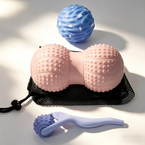3 in 1 Silicone Massage Ball Set Peanut Ball for Neck and 3.35" Spine Fascia Ball for Foot and Glute Handle Ball for Back Myofascial Release Kit for Plantar Fasciitis Deep Tissue Trigger Point