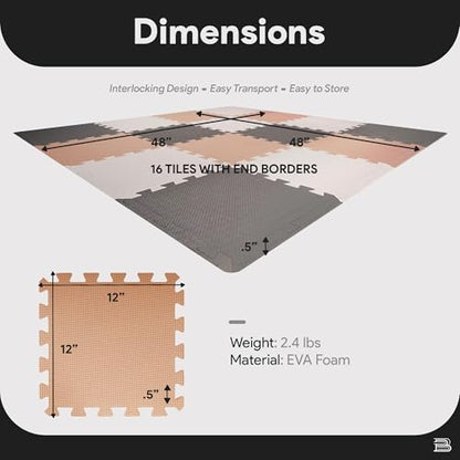 BalanceFrom 16-Pack 12x12 Inches EVA Interlocking Foam Play Tile Mat, Cream/Gray/Beige – 0.4-Inch Thick Non-Slip Puzzle Flooring for 16 Square Feet in Playroom, Nursery, or Playpen at Home