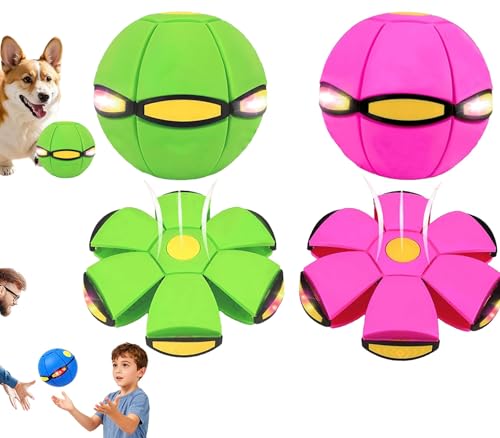2PCS Magic Bouncing Ball, Magic Meta - Ball, Children's Magic Bouncing Balls, Dual Form Flying Saucer, Parent-Child Interaction with 3 Light Suitable for Indoor & Outdoor Play Green and Blue - color: Green+Pink