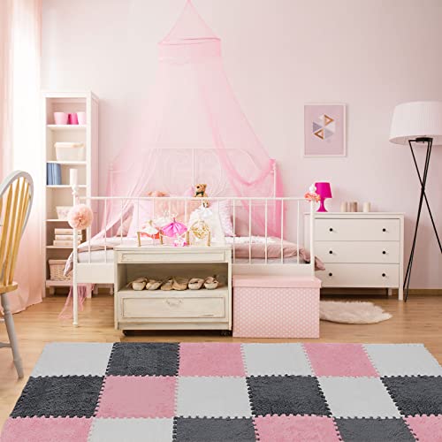18 Pcs Plush Foam Floor Mat Square Interlocking Carpet Tiles with Border Fluffy Play Mat Floor Tiles Soft Climbing Area Rugs for Home Playroom, 12 x 12 x 0.4 in(White, Pink, Gray)