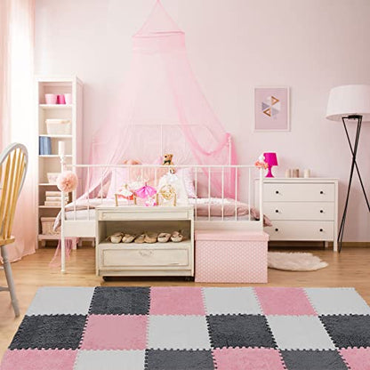 18 Pcs Plush Foam Floor Mat Square Interlocking Carpet Tiles with Border Fluffy Play Mat Floor Tiles Soft Climbing Area Rugs for Home Playroom, 12 x 12 x 0.4 in(White, Pink, Gray)