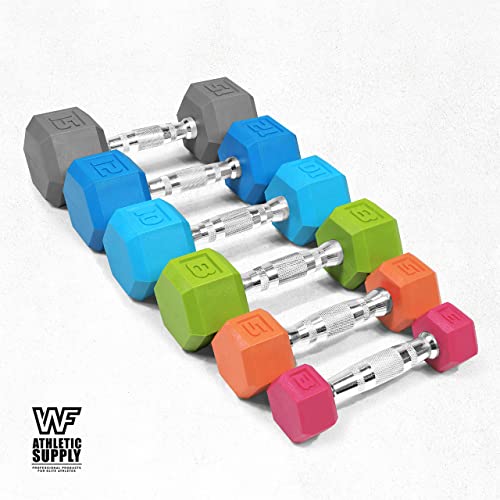 WF Athletic Supply BLACK & COLOR Rubber Encased Hex Dumbbells with Contoured Chrome Handle, Full Body Workout & Strength Training, Weight Size Options - Sold in Pairs