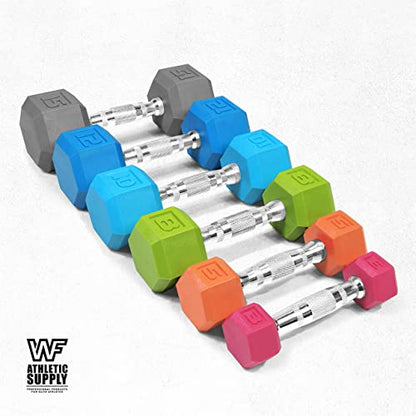 WF Athletic Supply BLACK & COLOR Rubber Encased Hex Dumbbells with Contoured Chrome Handle, Full Body Workout & Strength Training, Weight Size Options - Sold in Pairs
