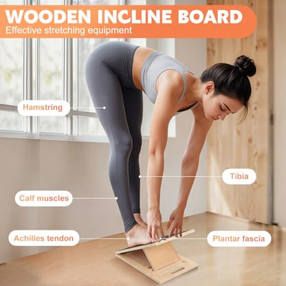 Slant Board for Calf Stretching, Adjustable Wooden Calf Stretcher Incline Board with 3 Pcs Resistance Bands Calf Stretch Board for Squats Leg Knees Heel Ankle Stretching