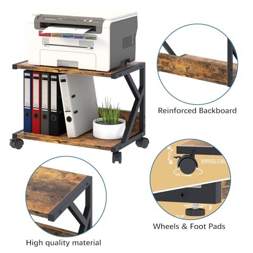 aboxoo Desktop Printer Stand with 2 Tier Wood Storage Shelves,Under Desk Printer Table,Multi-Purpose Home Office Desk Organizer for Fax Machine, Scanner (Rustic Brown) - color: Brown