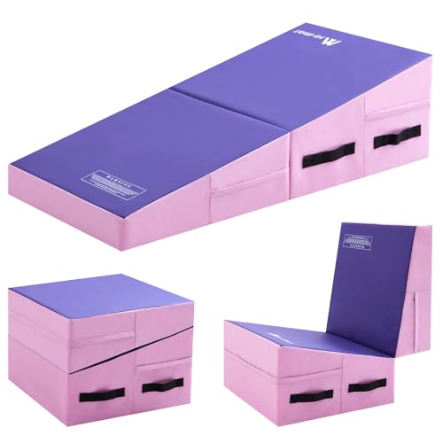Gymnastics Cheese Mat Incline Wedge Mat, Folding Gymnastics Mat for Kids Tumbling, Indoor/Outdoor Skill Shape Training & Exercise equipment Home Gym Yoga - color: Purple-Pink, size: M:47.2"x23.6"x13.8"