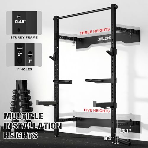 JELENS SF01 Folding Squat Rack, Wall Mounted Power Rack for Home Gym, Space Saving Multi-Functional Power Cage with More Attachments