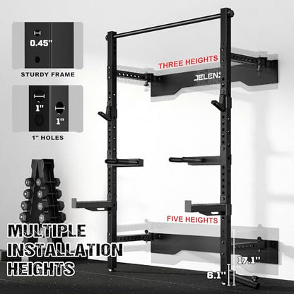 JELENS SF01 Folding Squat Rack, Wall Mounted Power Rack for Home Gym, Space Saving Multi-Functional Power Cage with More Attachments