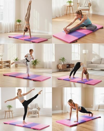 Folding Gymnastics Mat, 6x2 Ft(Four-fold) / 6.2x2.6 Ft(Five-fold)-Thick Portable Exercise and Tumbling Pad for Home Gym/Pilates/Aerobics and Martial Arts Training