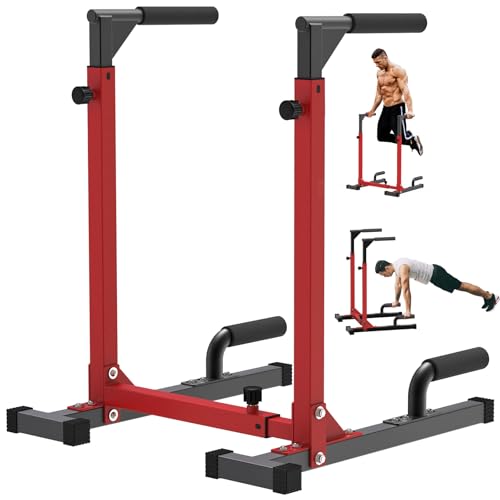 SELEWARE Heavy Duty Dip Bar, Adjustable Width & Height Dip Station Home Gym Fitness Equipment, 800lbs Capacity, Multifunctional Strength Training Dip Stand with Push Up Bar for Tricep Dips, L-Sits - color: Red & Black