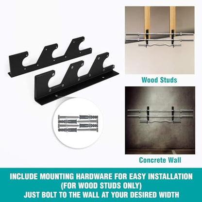 Yes4All Vertical Wall Mounted Olympic Barbell Holder, Barbell Storage Rack, Hanging Barbell Rack for Home Fitness Equipment - color: Black Horizontal Wall Mounted - 1 Pair