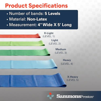 Sammons Preston Resistance Bands, Exercise Band, Workout, 5 ft, 5-Pack