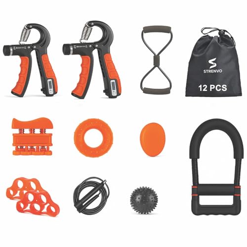 Hand Grip Strengthener Complete Set – 12 PCS | Forearm, Finger, Wrist & Hand Exerciser Kit for Men & Women | Adjustable Resistance, Finger Stretcher, Therapy Ball & More | Home & Office Workout - color: Orange