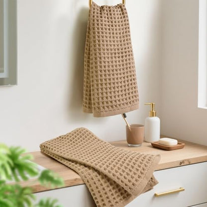 Jacquotha Waffle Bathroom Hand Towels 2-Piece (Tan) – Cotton, Soft, Lightweight, Lint Free, 13” x 29” - color: Tan