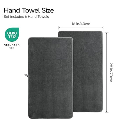 REDKISS Microfiber Hand Towels Set of 6, 16 by 28 inches, Ultra Soft and Highly Absorbent Hand Towels for Bathroom, Gym, Shower, Hotel, and Spa, Gray