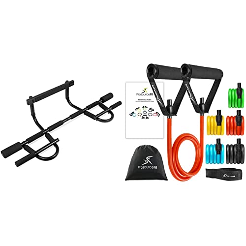 ProsourceFit Premium Stackable Latex Resistance Band Set with Comfort Grip Handles, Door Anchor, & Multi-Grip Lite Doorway Pull-Up Bar, 24"-32", Home Fitness for Strength Training & Full Body Workou