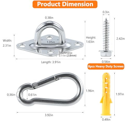 1700 lbs Capacity 2PCS 3.91in 304 Stainless Steel Pad Eye Hooks,2PCS 3.92in Snap Hooks, 8PCS Heavy Duty Screws for Hammock Hanging,Swing Hanging,Wall and Ceiling Mount,Indoor and Outdoor - style: 3.92 Inches Heavy Duty Pad Eye Hooks with Snap Hooks
